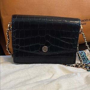 Tory Burch Black Croc-Embossed & Suede Chain Shoulder Bag